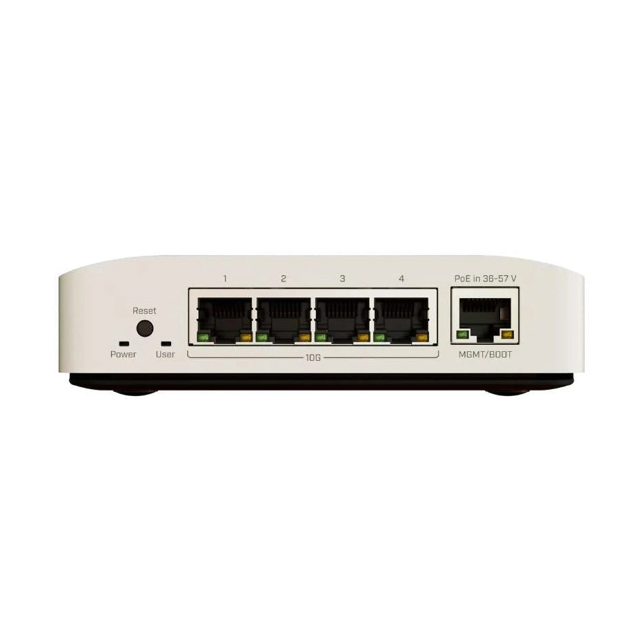 Switch compacto con 4 puertos RJ45 10G y 1 puerto Gigabit de gestión, RouterOS/SwOS, fuente y montaje DIN. Ideal para redes multigigabit.