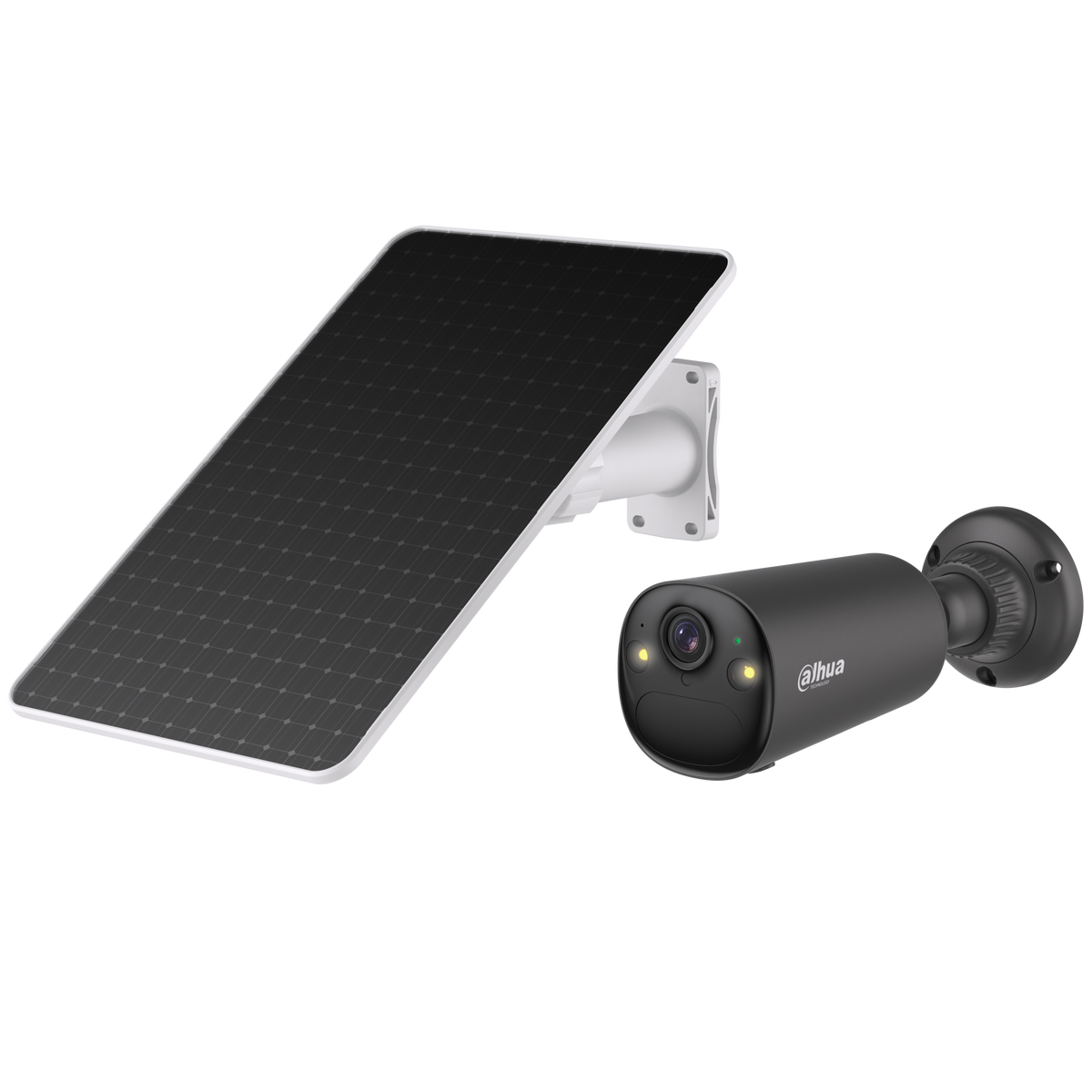 Kit solar Dahua: cámara bullet 4 MP 4G, lente 2,1 mm, batería 32,4 Wh y panel 8 W, IR 15 m/luz cálida 20 m, IA personas/vehículos, audio 2 vías e IP66.