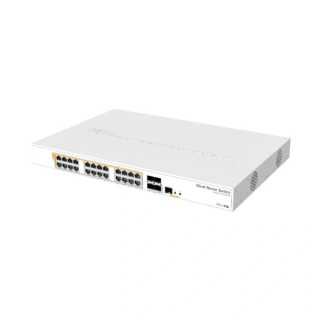 Switch Cloud Router 24 puertos Gigabit PoE-out y 4 SFP+ 10G, RouterOS/SwOS, fuente 500W y montaje rack 1U para redes empresariales.