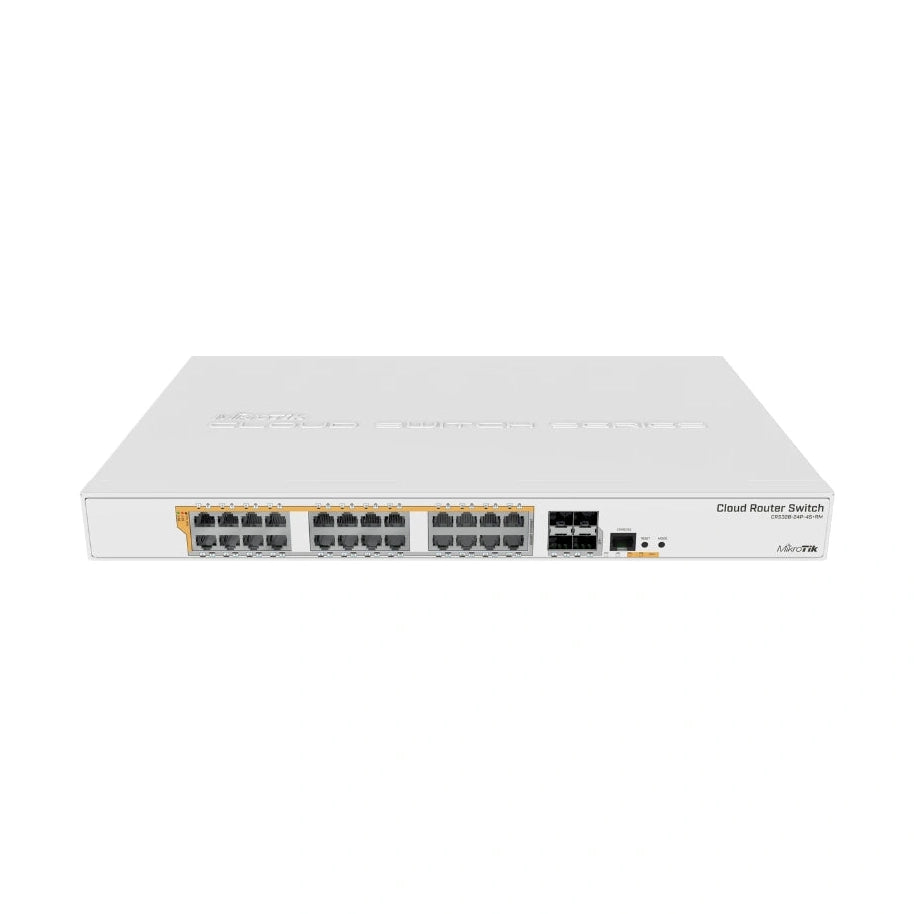Switch Cloud Router 24 puertos Gigabit PoE-out y 4 SFP+ 10G, RouterOS/SwOS, fuente 500W y montaje rack 1U para redes empresariales.
