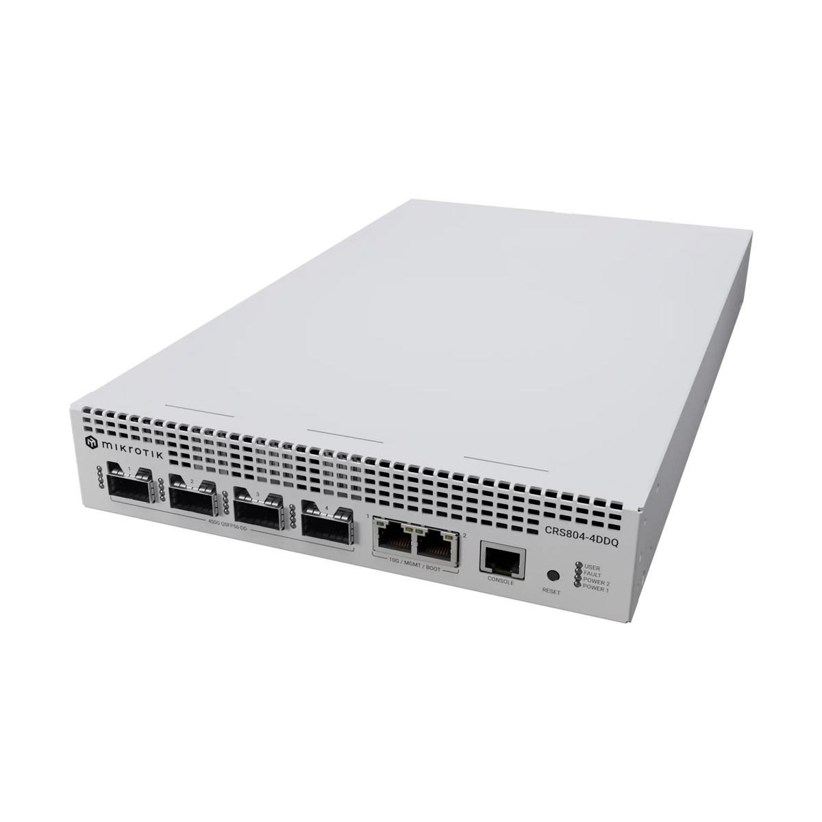 Switch half-rack 1U con 4 puertos QSFP56-DD 400G y puertos 10G de gestión. RouterOS L6 para infraestructura de ultra alta velocidad.. Requiere 2 cables server 3200