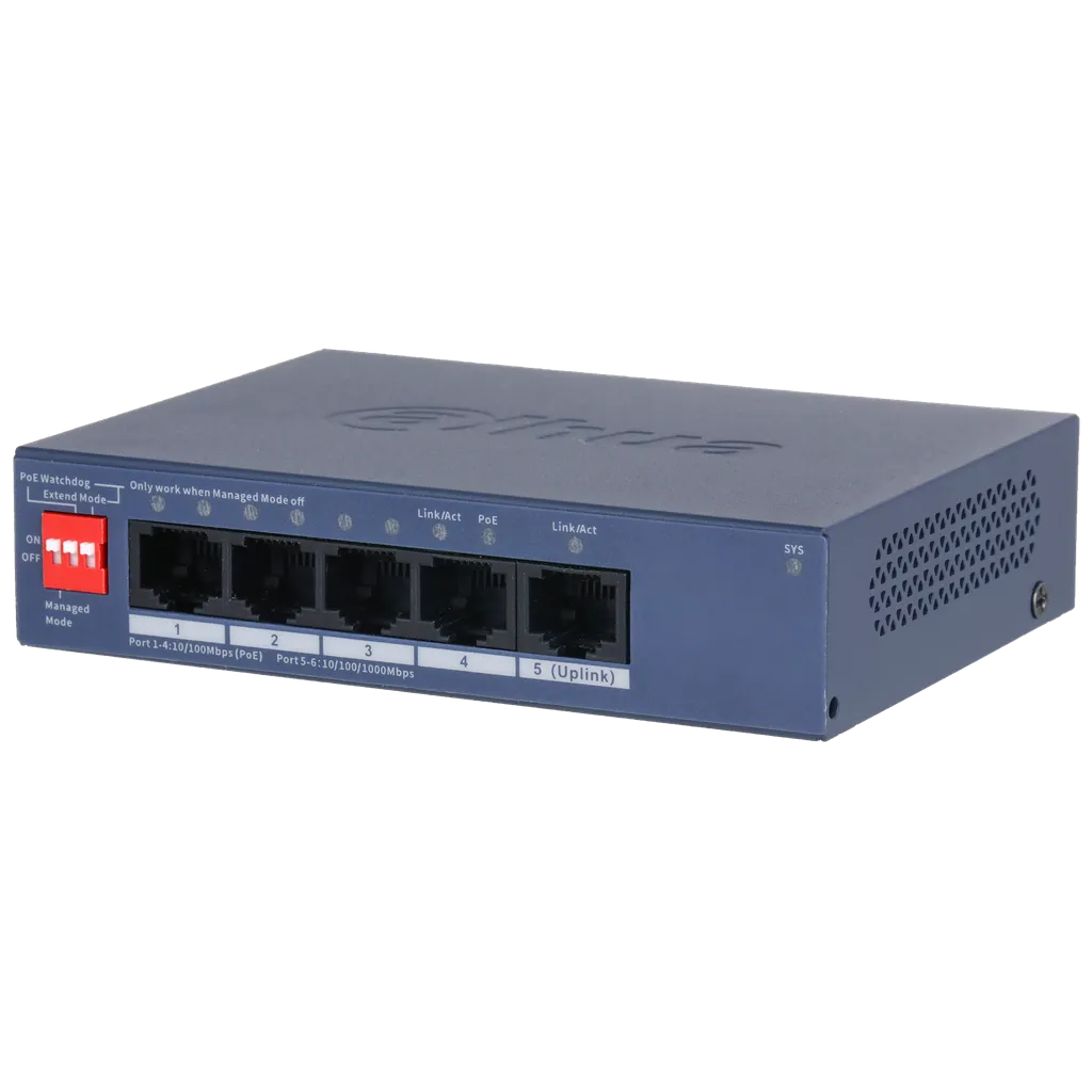 DH-CS4005-4ET1GT-36. Switch Dahua de 5 Puertos administrado por cloud 4 puertos 10/100 Mbps PoE 1 puerto 10/100/1000 Mbps soporta 36 Watt maximo