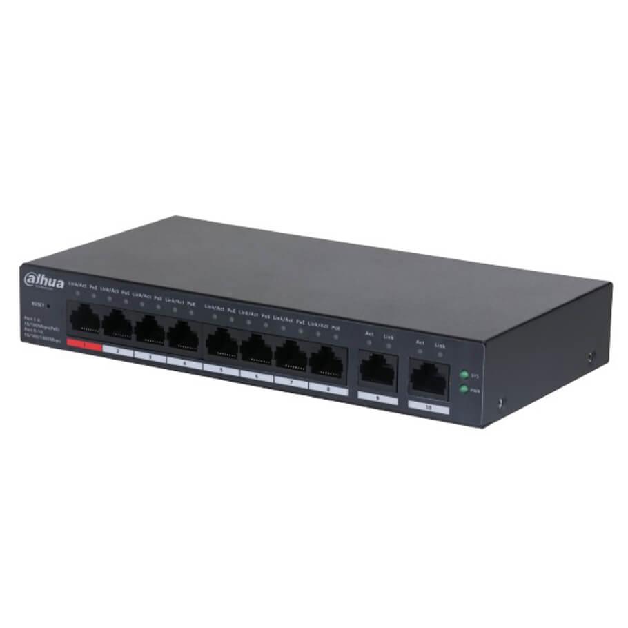 DH-CS4009-8ET1GT-110. Switch PoE Dahua, 8 puertos 10/100M y 1 puertos Uplink 1000, Total de potencia 110W, Soporta distancia hasta 250M