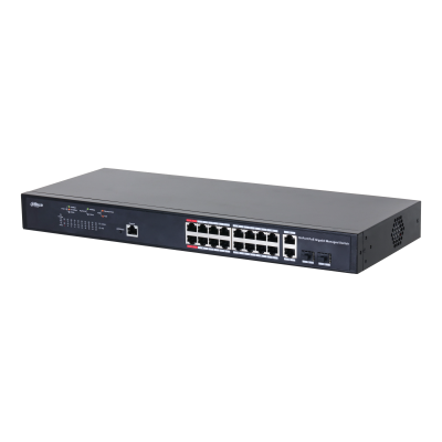 DH-PFS4218-16GT-230. Switch Dahua 16 puertos Giga 2 puertos combo SPF 2 puertos hasta 90W, potencia