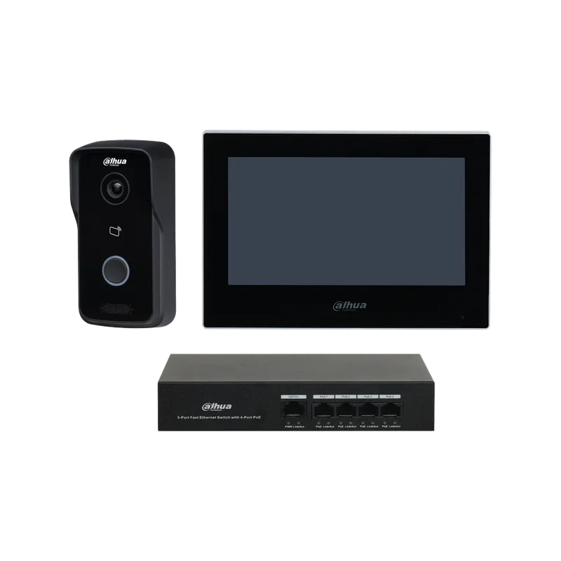 "DHI-KTP03/DHI-VTO2111D-P-S3/DHI-VTH2621G-P. Kit video portero monitor interior 7"" VTO y Switch 4 interfaces"