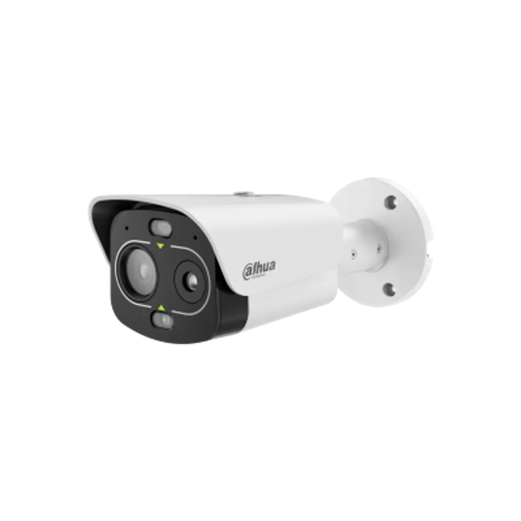 Cámara IP bullet térmica híbrida Dahua, térmica 256x192 lente 3,5 mm, visible 4 MP lente 4 mm, IA, alarma audiovisual, PoE e IP67.