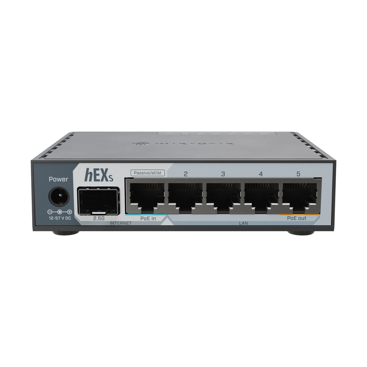 Router hEX S 2025 con CPU dual-core 950MHz, 512MB RAM, 5 Gigabit, SFP 2.5G, USB y RouterOS v7 L4 para redes flexibles.