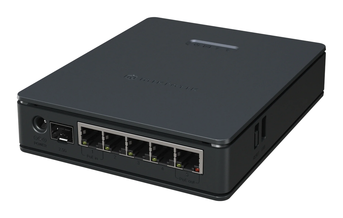 hAP ax S Wi-Fi 6 dual band con 5 puertos Gigabit, SFP 2.5G, USB y RouterOS L4. Router compacto para hogar y oficina.