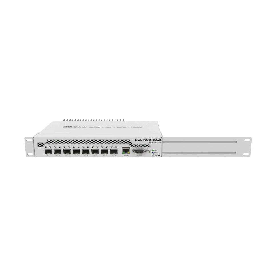Switch/router compacto con 8 SFP+ 10G y 1 Gigabit, CPU dual core, RouterOS/SwOS y rack ears. Agregación 10G eficiente.