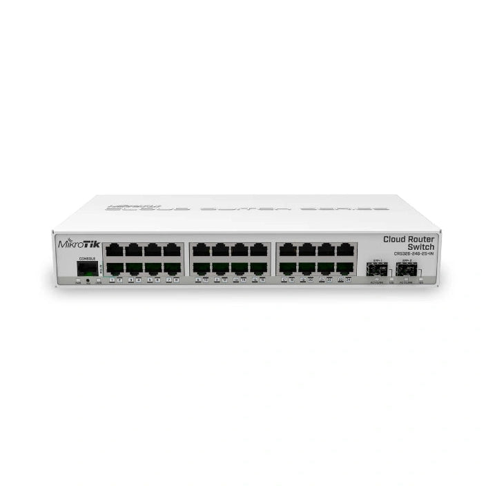 Switch/router desktop con 24 Gigabit y 2 SFP+ 10G, RouterOS/SwOS y fuente incluida. Acceso gestionado con uplinks 10G.