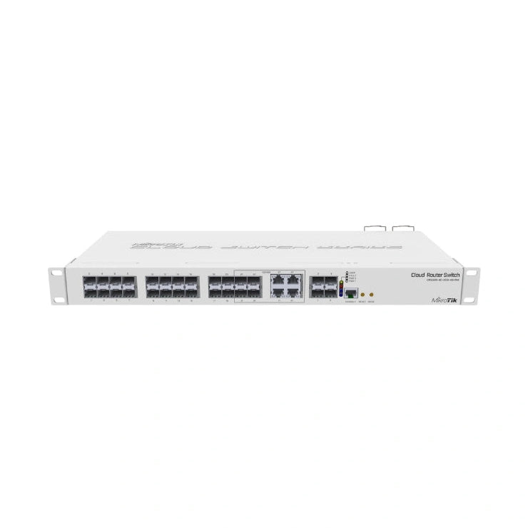 Switch Cloud Router rack 1U con 20 SFP, 4 SFP+ 10G y 4 puertos combo. Doble fuente y RouterOS/SwOS para distribución de fibra.
