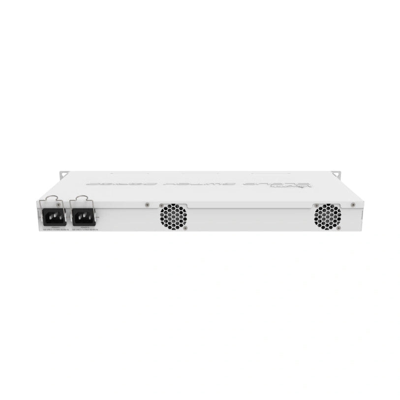 Switch Cloud Router rack 1U con 20 SFP, 4 SFP+ 10G y 4 puertos combo. Doble fuente y RouterOS/SwOS para distribución de fibra.