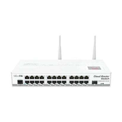 Switch/router desktop con 24 Gigabit, 1 SFP, Wi-Fi 2.4GHz y RouterOS. Solución todo en uno para redes pequeñas y medianas.