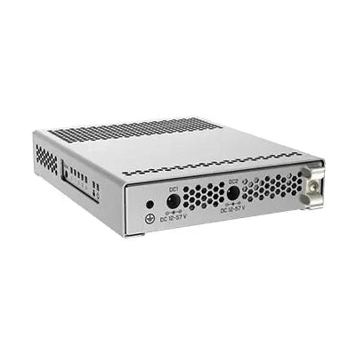 Switch/router compacto con 4 SFP+ 10G y 1 Gigabit, RouterOS/SwOS, gabinete metálico y fuente. Ideal para enlaces 10G accesibles.