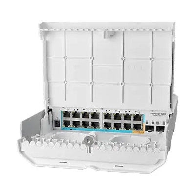 netPower 15FR outdoor con 15 puertos Fast reverse PoE-in, 1 PoE-out y 2 SFP, RouterOS/SwOS. Distribución para redes WISP.