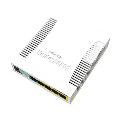Switch Smart PoE con 5 puertos Gigabit, 4 PoE-out y 1 SFP. SwOS, gabinete plástico y PSU para redes pequeñas y cámaras IP.