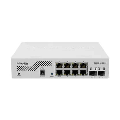 Switch Smart compacto con 8 puertos Gigabit y 2 SFP+ 10G, SwOS y PSU. Ideal para enlaces de fibra y redes de alto rendimiento.