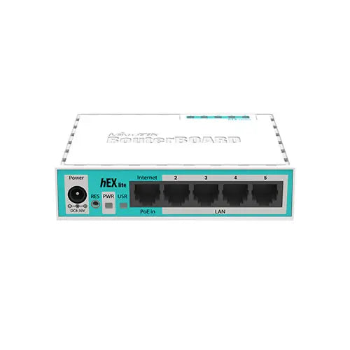 hEX lite: router compacto con CPU 850 MHz, 64 MB RAM, 5 puertos LAN y RouterOS L4. Ideal para redes pequeñas con bajo consumo y fácil instalación.