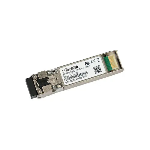 Transceptor SFP28 25G 1310 nm, LC, alcance hasta 10 km en fibra monomodo. Ideal para enlaces 25G en backbone y switches MikroTik.