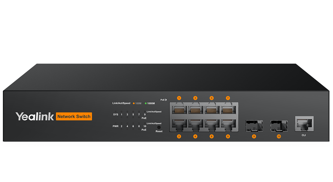 Yealink RCH80 es un switch/hub PoE+ Gigabit para salas de reuniones, usado para conectar y alimentar equipos de audio/video Yealink, como micrófonos, cámaras o dispositivos de videoconferencia. - Gestion y Equipos (G&E)