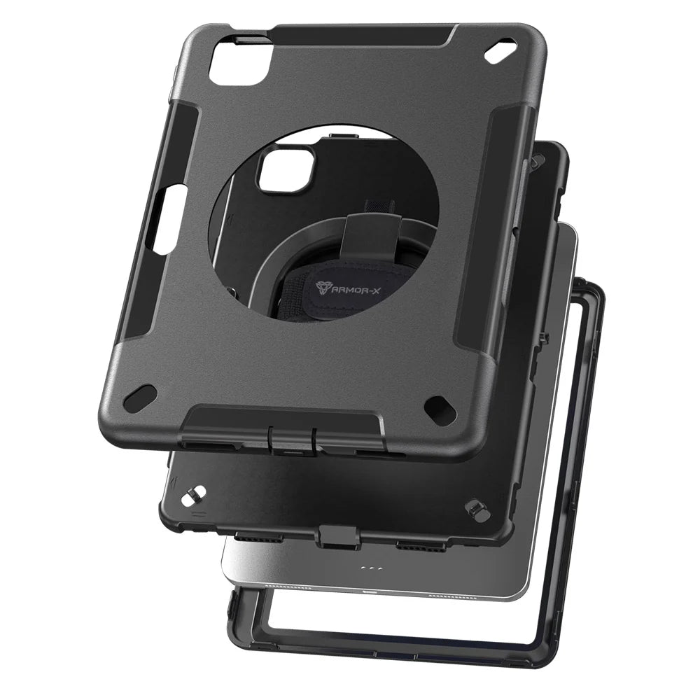 KN-iPad-PR6 ARMOR-X Funda Rugged Militar Impermeable para iPad Pro 11" (1ª/2ª/3ª/4ª Gen 2018-2022) con Correa de Mano y Soporte