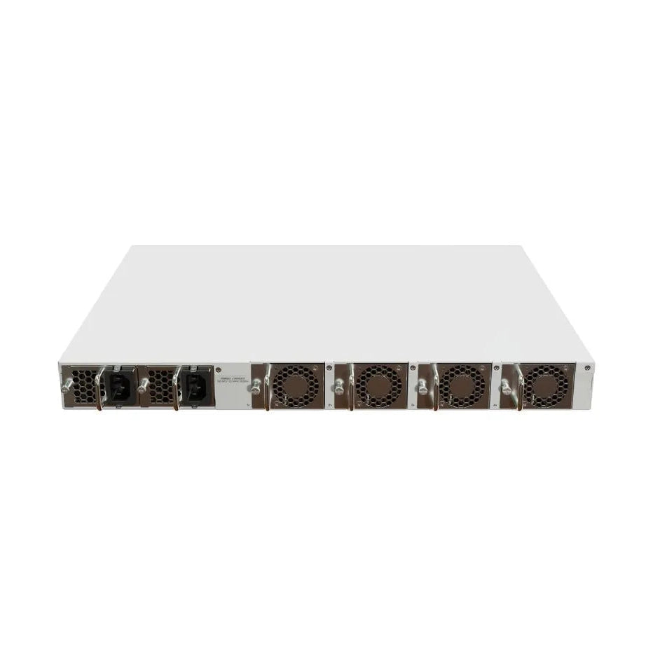 Switch rack 1U con 16 puertos QSFP28 100G y 4 SFP28 25G. CPU quad-core, RouterOS y doble PSU hot-swap para núcleo de red.