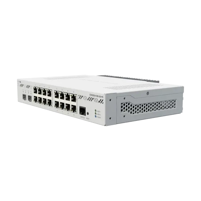 Router CCR2004 desktop con refrigeración pasiva, 16 Gigabit, 2 SFP+ 10G, CPU ARM 4 núcleos, 4GB RAM y RouterOS L6. Alto rendimiento silencioso.