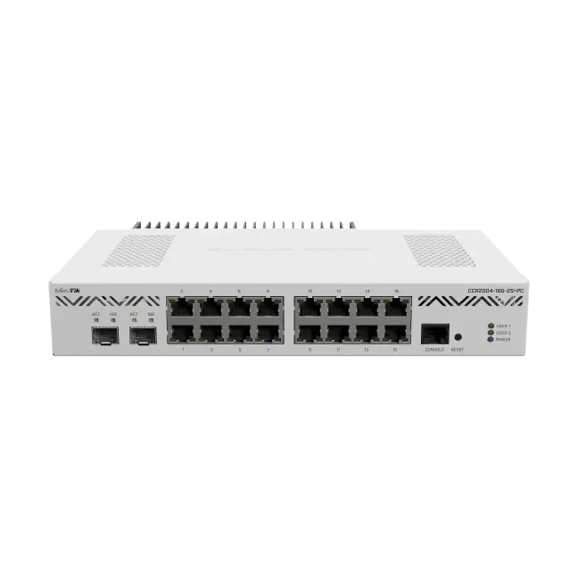 Router CCR2004 desktop con refrigeración pasiva, 16 Gigabit, 2 SFP+ 10G, CPU ARM 4 núcleos, 4GB RAM y RouterOS L6. Alto rendimiento silencioso.