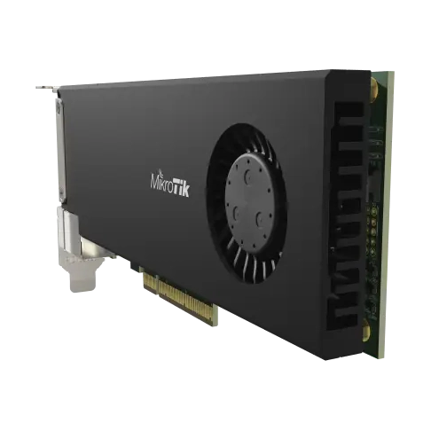Tarjeta PCIe CCR2004 con CPU ARM 4 núcleos, 4GB RAM, 2 puertos SFP28 25G y 1 Gigabit. RouterOS L6 para routing avanzado en servidores.