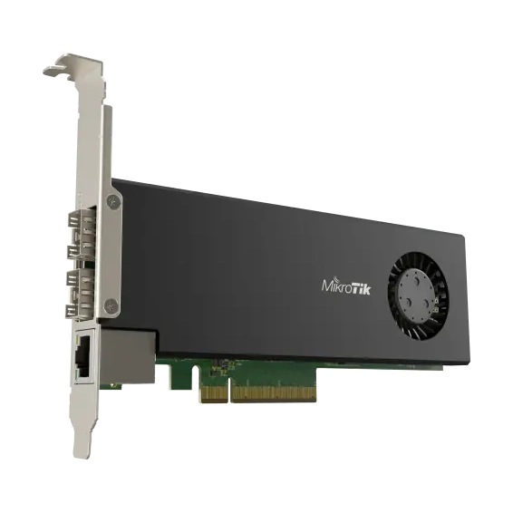 Tarjeta PCIe CCR2004 con CPU ARM 4 núcleos, 4GB RAM, 2 puertos SFP28 25G y 1 Gigabit. RouterOS L6 para routing avanzado en servidores.
