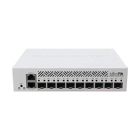 Switch/router con 4 SFP+ 10G, 5 SFP 1G y 1 Gigabit, RouterOS L5, fuente y orejas rack. Ideal para agregación mixta de fibra.