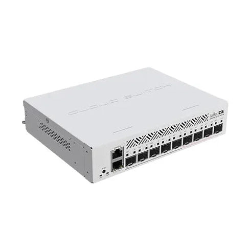 Switch/router con 4 SFP+ 10G, 5 SFP 1G y 1 Gigabit, RouterOS L5, fuente y orejas rack. Ideal para agregación mixta de fibra.