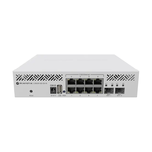 Switch/router con 8 puertos 2.5G, 2 SFP+ 10G y RouterOS L5. Solución multigigabit compacta para redes Wi-Fi 6 y uplinks 10G.