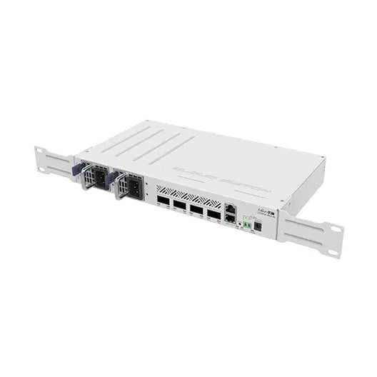 Switch 100G compacto con 4 puertos QSFP28, gestión Ethernet y RouterOS. Ideal para backbone, agregación de alta velocidad y laboratorio.