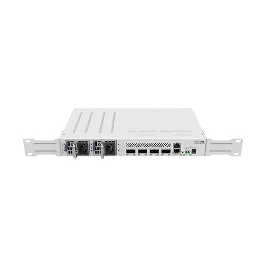 Switch 100G compacto con 4 puertos QSFP28, gestión Ethernet y RouterOS. Ideal para backbone, agregación de alta velocidad y laboratorio.