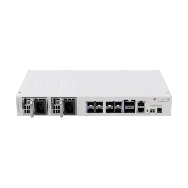Switch de alta capacidad con 8 puertos SFP28 25G y 2 QSFP28 100G, RouterOS, doble fuente hot-swap y formato desktop para backbone.