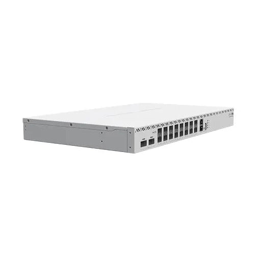 Switch rack 1U con 16 puertos SFP28 25G y 2 QSFP28 100G. RouterOS L6, fuentes y ventiladores hot-swap para data center.