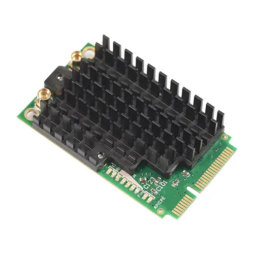 Tarjeta miniPCIe Wi-Fi 2.4GHz 802.11b/g/n de alta potencia, dual chain, ideal para enlaces inalámbricos y soluciones RouterBOARD compatibles.