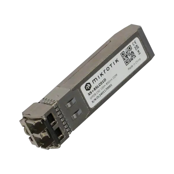 Transceptor SFP28 25G 850 nm, LC, alcance hasta 100 m en fibra multimodo. Solución compacta para enlaces de alta velocidad en rack.