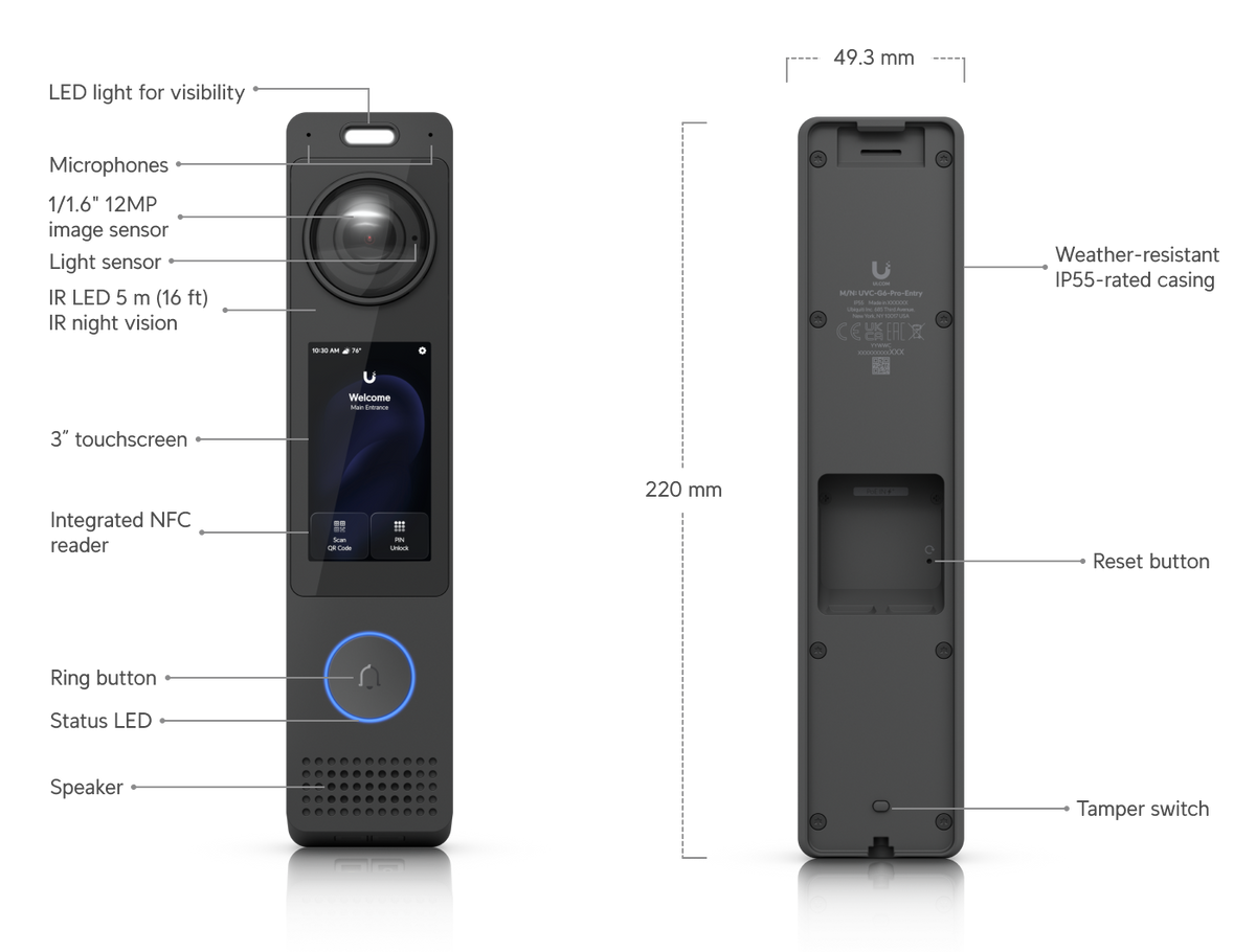 "Un sistema de entrada de puerta inteligente con integración nativa UniFi Protect y UniFi Access con una cámara de 12 MP, audio bidireccional y una pantalla táctil de 3"""