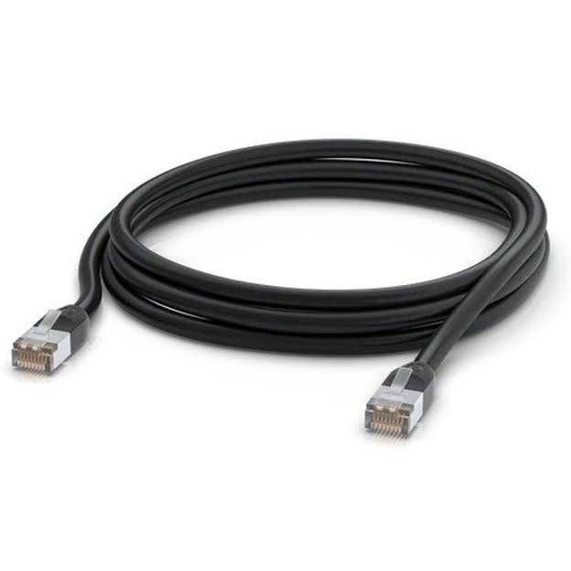 Cable patch Ubiquiti Cat 6A para exterior de 1 m, color negro, blindado y resistente a rayos UV. Soporta redes de hasta 10 GbE y alimentación PoE+++.
