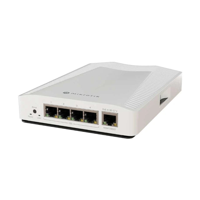 Switch compacto con 4 puertos RJ45 10G y 1 puerto Gigabit de gestión, RouterOS/SwOS, fuente y montaje DIN. Ideal para redes multigigabit.