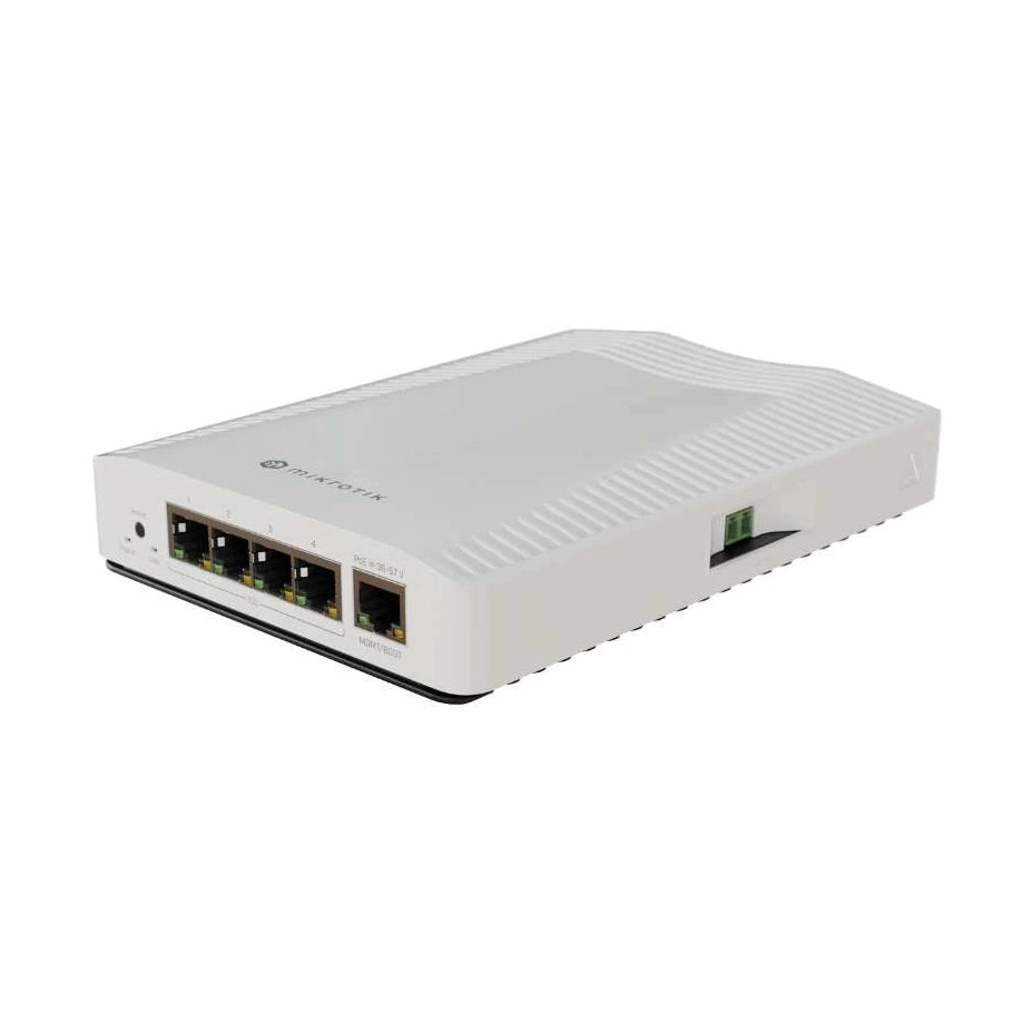 Switch compacto con 4 puertos RJ45 10G y 1 puerto Gigabit de gestión, RouterOS/SwOS, fuente y montaje DIN. Ideal para redes multigigabit.
