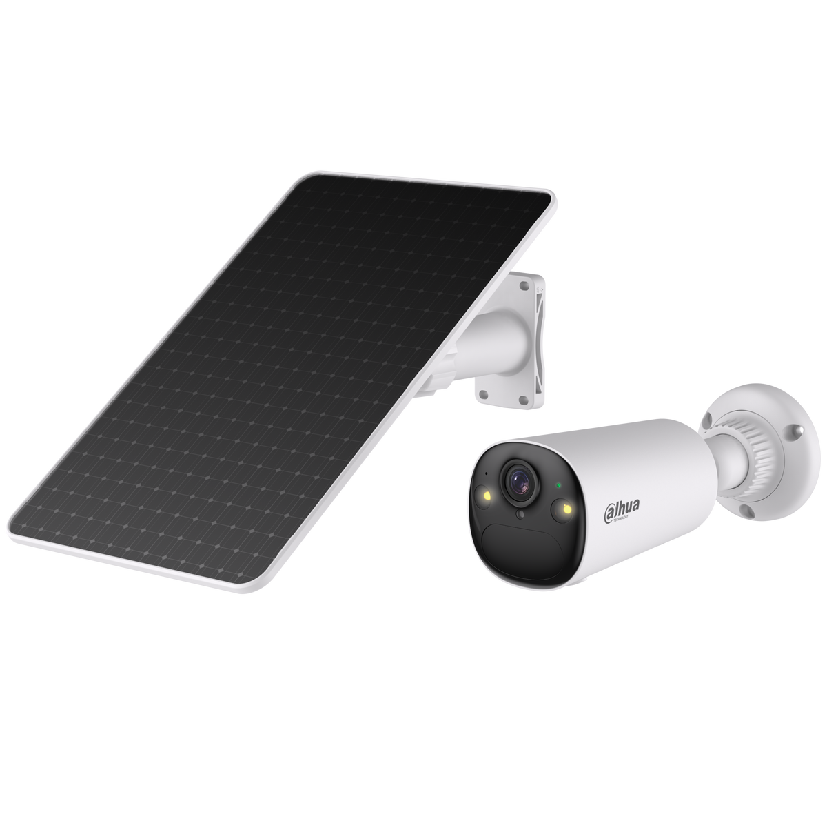 Kit solar Dahua bullet 4 MP, lente 2,1 mm, WiFi dual, batería 20,44 Wh, panel 8 W, AOV 24/7, IA personas/vehículos, audio bidireccional e IP66.