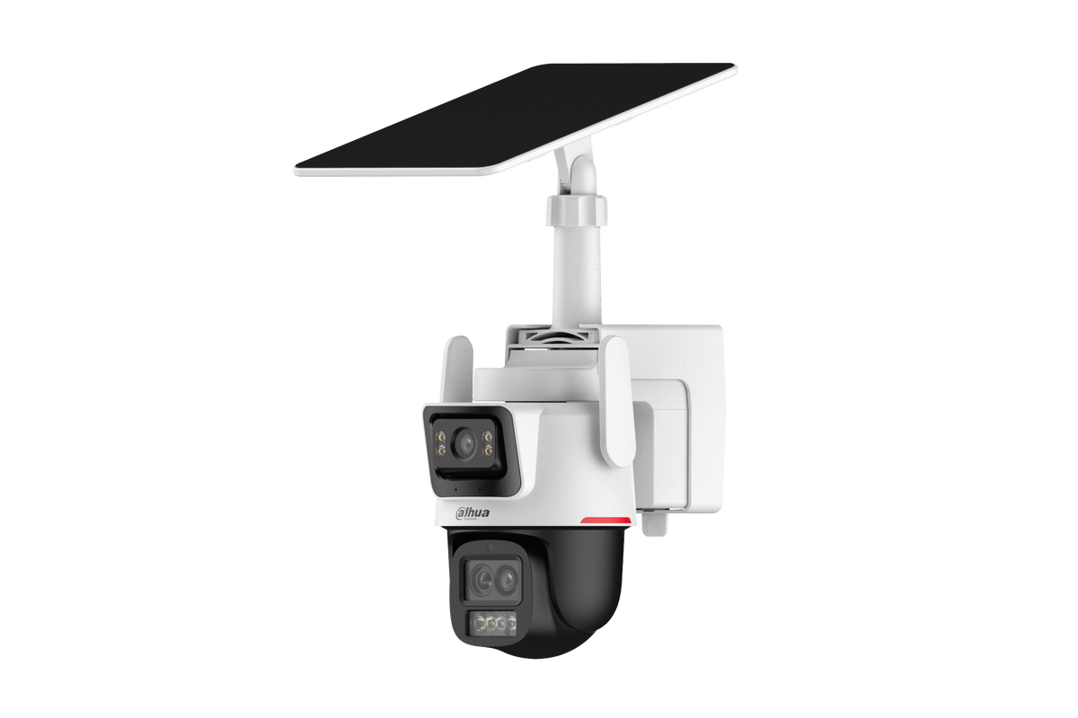 Cámara PT solar Dahua doble lente 3+3 MP, 4G LTE, zoom híbrido 6×, WizColor, batería 65 Wh, AOV 24/7, IA, Auto Tracking, audio bidireccional e IP66.