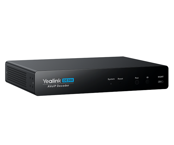 Yealink DE300 es un decodificador AV over IP para salas de reunión. Transmite video 4K a 60 Hz con baja latencia, matriz 2x2 y control de pantallas vía RS-232, CEC e IR.