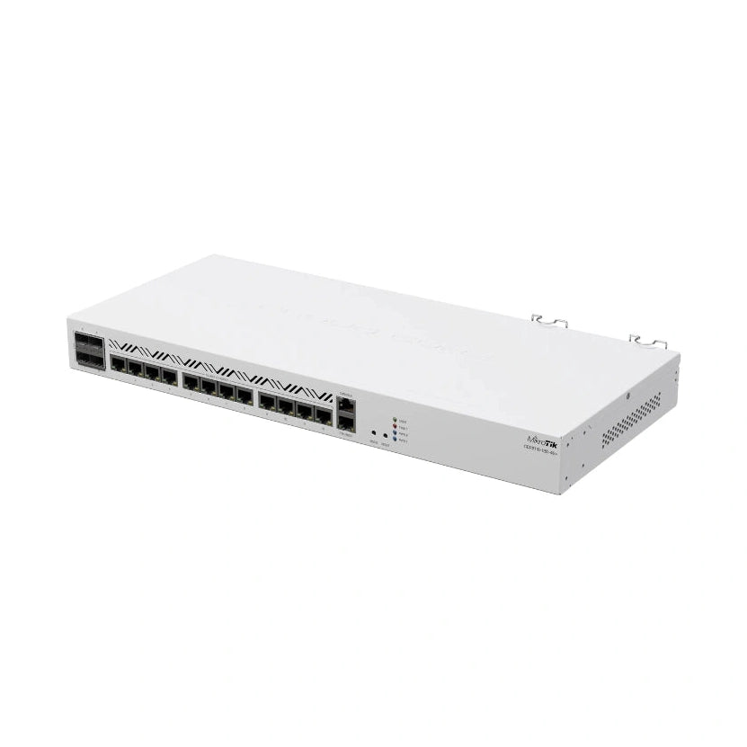 Router CCR2116 1U con CPU 16 núcleos, 16GB RAM, 13 puertos Gigabit, 4 SFP+ 10G, doble fuente y RouterOS L6. Alto desempeño para core de red.