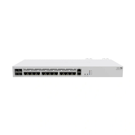 Router CCR2116 1U con CPU 16 núcleos, 16GB RAM, 13 puertos Gigabit, 4 SFP+ 10G, doble fuente y RouterOS L6. Alto desempeño para core de red.