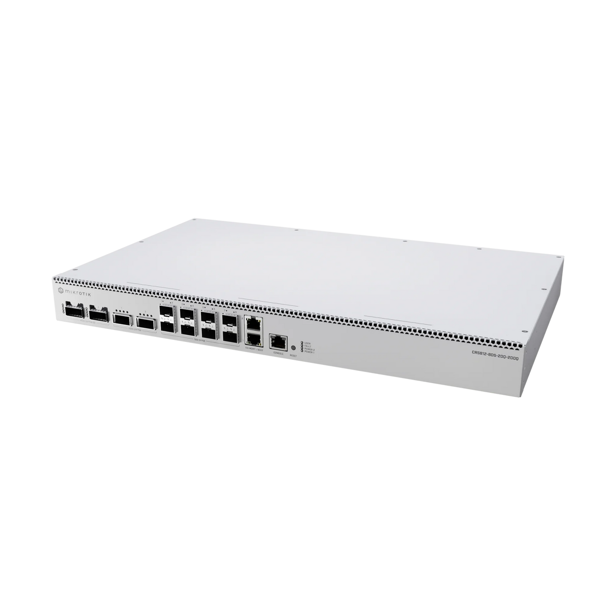 Switch rack 1U con puertos 50G, 200G y 400G QSFP, RouterOS L6, doble PSU y ventilación hot-swap para redes de data center.