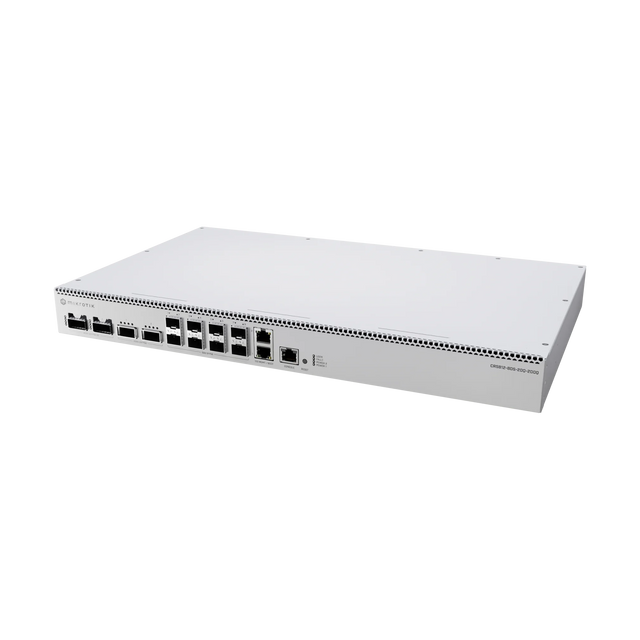 Switch rack 1U con puertos 50G, 200G y 400G QSFP, RouterOS L6, doble PSU y ventilación hot-swap para redes de data center.